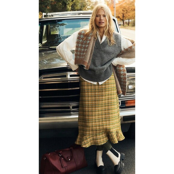 English Factory Dresses & Skirts - Anthropologie English Factory Midi Skirt Yellow Green Plaid Preppy Small New